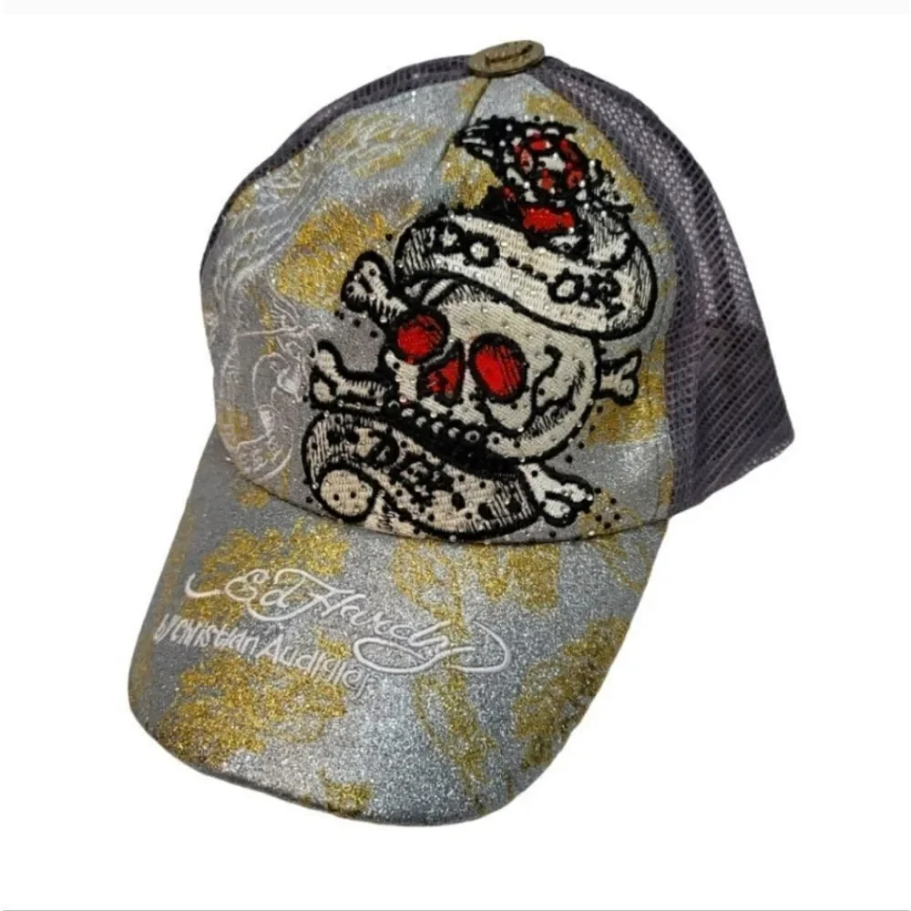 New Vintage Ed Hardy Christian Audigier Embroidered Rhinestone Snapback Hat